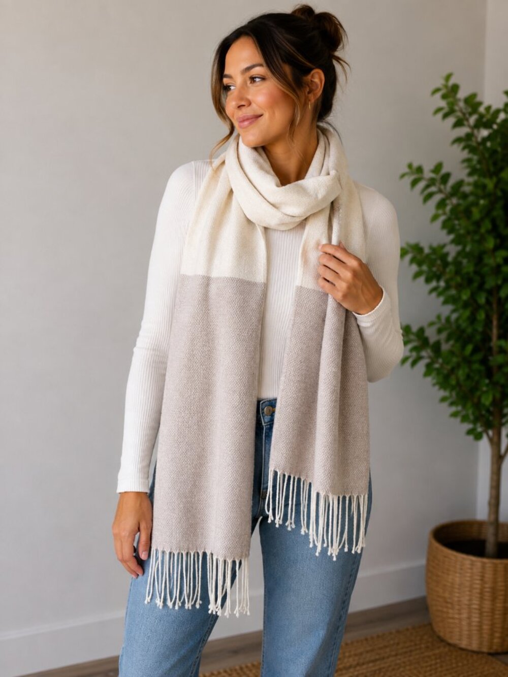 H&M Soft Fringe Scarf - Cream and Taupe NWOT